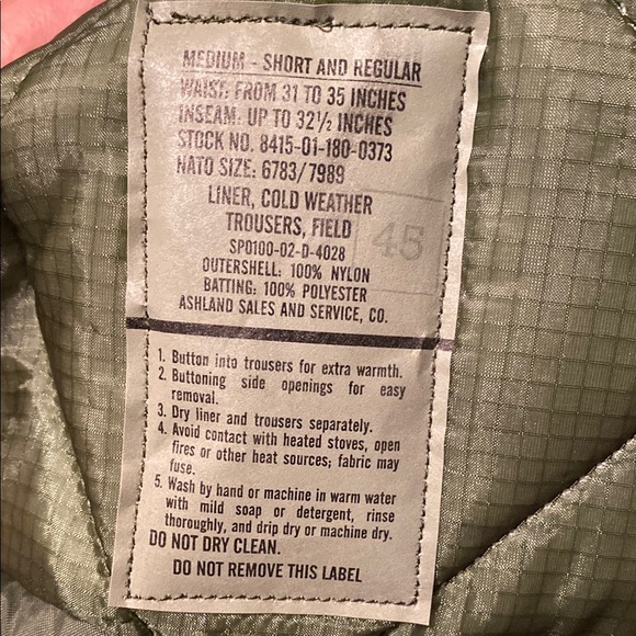 🌞Olive Green Cold Weather Trousers Liner🌞 - Picture 2 of 3